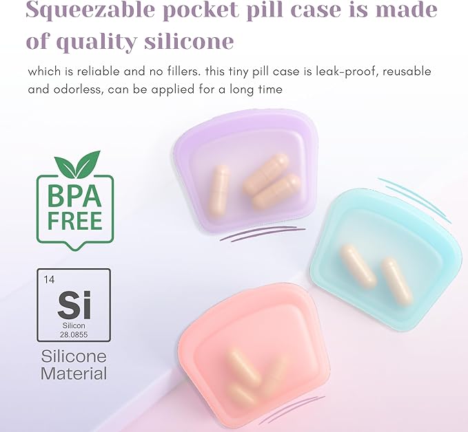 Small Pill Boxes – 3 Pack Mini Pill Case Set, Reusable Silicone Pill Bags for Travel, Portable Vitamin Case & Medicine Travel Organizer – Pill Box for Purse (Pink, Purple, Blue)
