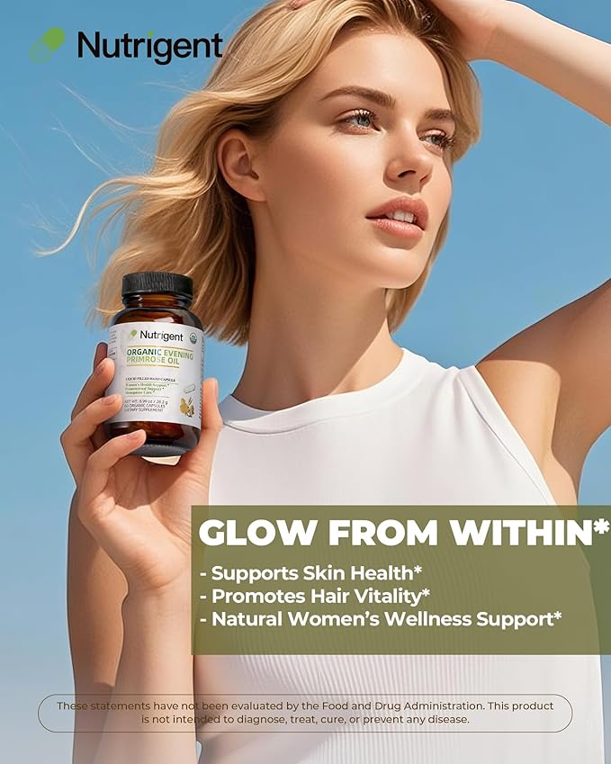 Organic Evening Primrose Oil Supplement, 940 mg 100% Pure with 10% GLA, High Absorption Liquid Organic Capsules, Promotes Women's Health & Skin Health, Cold Pressed, 60 Count