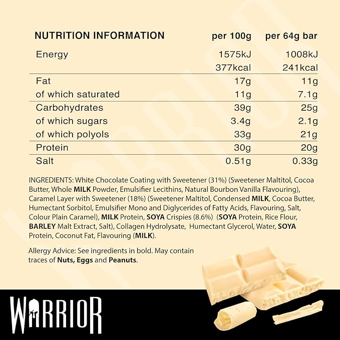 Warrior Crunch High Protein Low Carb White Chocolate Crisp Bar, 64 g, Pack of 12