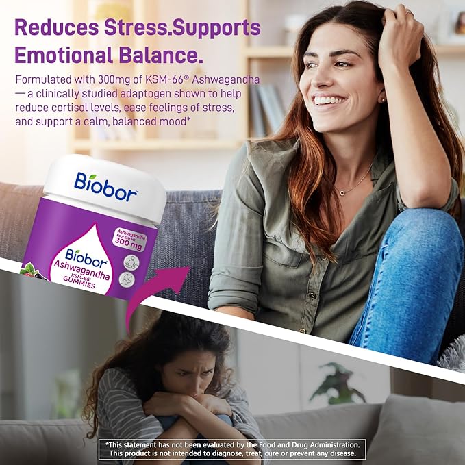 Biobor Ashwagandha Gummies, KSM-66 Ashwagandha Root Extract with Vitamin D3, Relaxation Support & Immune Support for Adults - GMO Free, Gluten Free