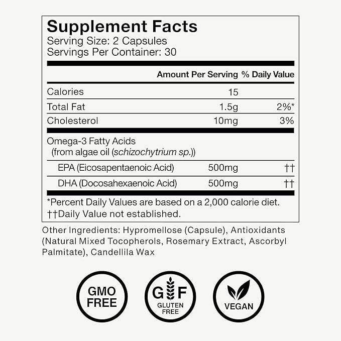 Momentous Vegan Omega-3 - Plant-Based EPA & DHA Supplement for Men & Women - Sourced from Algae Oil - Supports Heart, Joint, & Brain Health - NSF Certified for Sport - 1,000 mg - 30 Servings