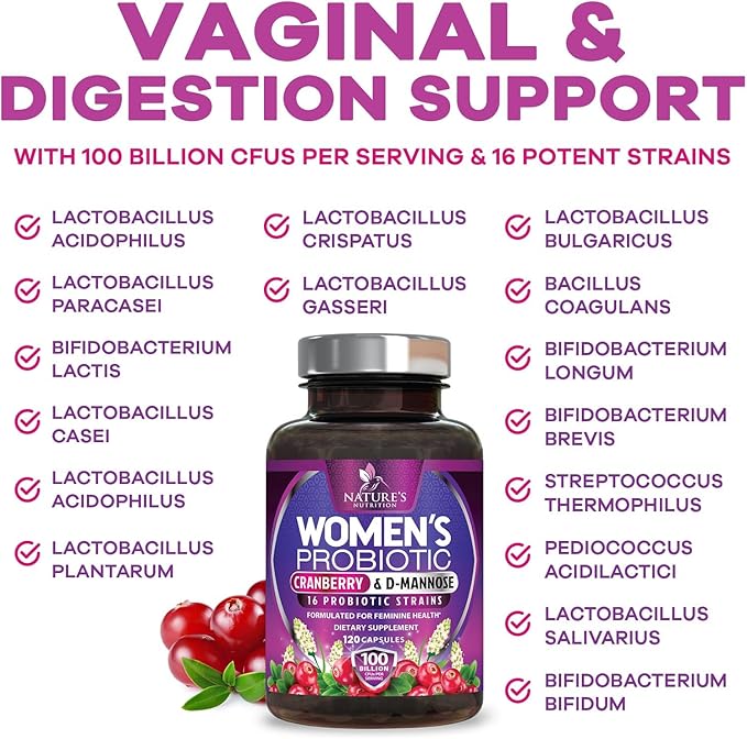 Probiotics for Women 100 Billion CFU Per Serving - 16 Unique Strains, Prebiotics Cranberry & Lactobacillus, PH Balance, Digestive & Gut Health, Vaginal & Immune Support Women's Probiotic, 120 Capsules