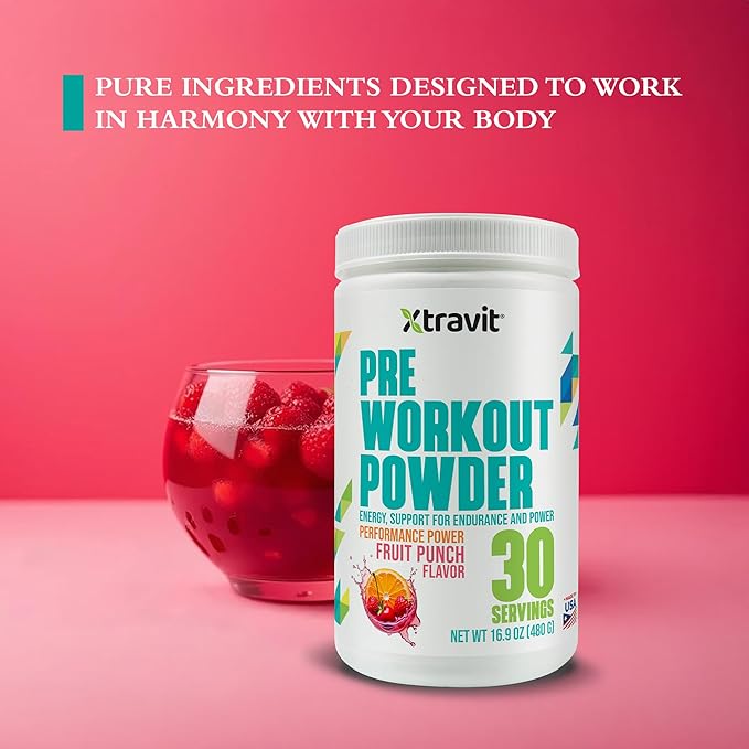 Pre Workout Fruit Punch Powder - Thermogenic Gym Supplement for Men & Women - Support Energy, Lean Muscle Growth, & Nutrition - Non GMO, Filler Free, 38.8 oz., 30 Servings