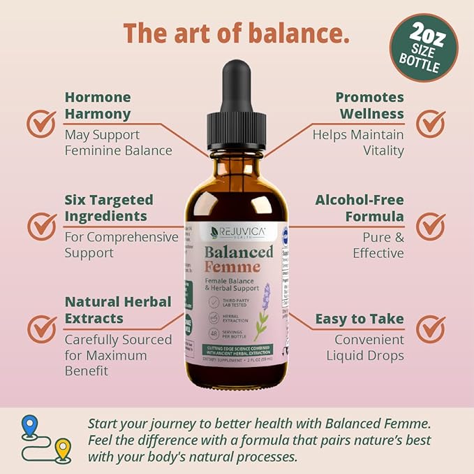 Rejuvica Health Balanced Femme - Menopause Support for Hot Flashes & Female Balance - Liquid Delivery for Better Absorption - Black Cohosh, Dong Quai, Vitex, Maca Root & More!