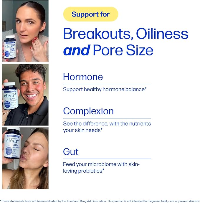 Clear Skin Supplement with Zinc, DIM & Probiotics | 3-in-1 Balance, Glow & Health Skin Support | Triple Action Hyaluronic Acid, Niaciminide & Vitamins for Hormone, Complexion & Gut Support | 60 Ct