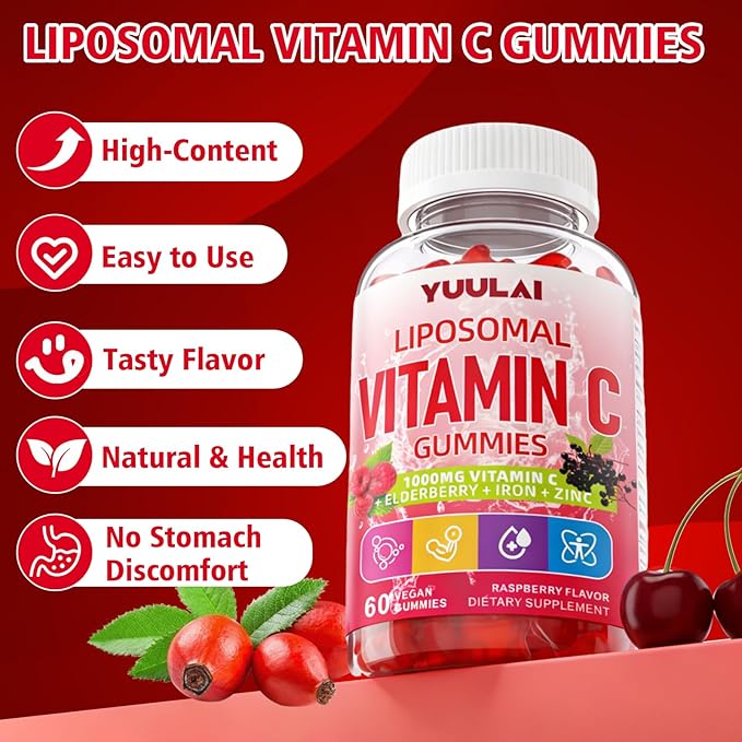 Liposomal Vitamin C 1000mg Gummies for Adults, Vitamin C Chewable with Iron, Zinc & Elderberry for Immune Support & Energy, Sugar Free, RaspberryFlavor, 60 Count