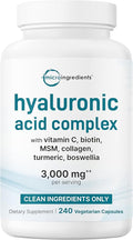Micro Ingredients Hyaluronic Acid Complex, 240 Vegetarian Capsules | with Collagen, MSM, Vitamin C, Biotin, Turmeric & Boswellia | Non-GMO, Filler-Free, cGMP Manufactured & Lab Tested