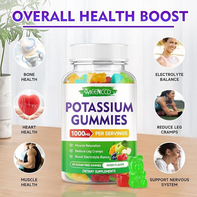 Potassium Citrate Gummies, High Potency Potassium Supplement for Adults Women & Men, Support Leg Cramps & Muscle Health, Sugar-Free, Mixfed Fruit Flavor, 60 Count