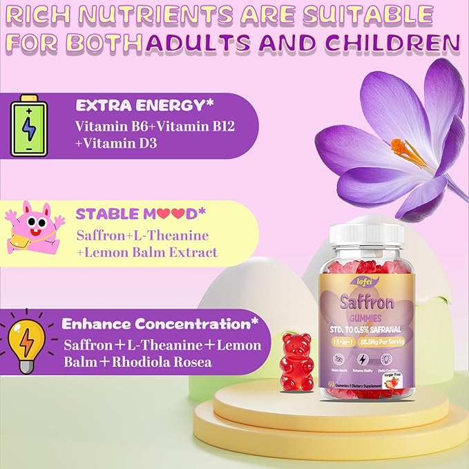 Lofei Saffron Supplements Gummies for Kids & Adult,12-in-1 Formula with Saffron 88.5mg,Vitamin B6,D3,B12,Magnesium,Zinc,St.John's Wort,Ashwagandha,Support Zzz,Strawberry Flavor,60 Count(Pack of 1)