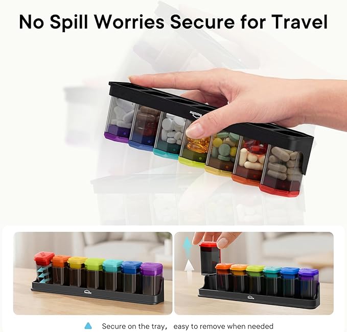 Large Weekly Pill Organizer 1 Time a Day, BPA-Free Pill Dispenser, 7 Day Pill Box with Silicone Lids & Coded Compartments, Spill Proof Portable Case for Vitamins, Seniors & Daily Medication