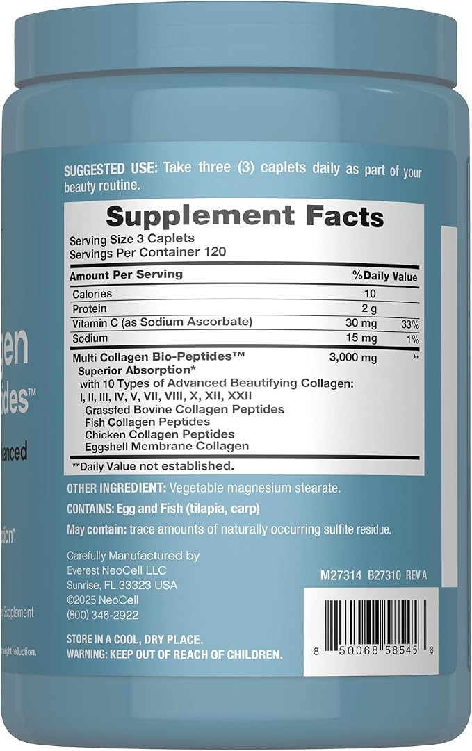 NeoCell Multi Collagen Peptides Pills | 360 Caplets | Superior Absorption | Types I, II, III IV, VIII, X, XII, XXII | for Women and Men