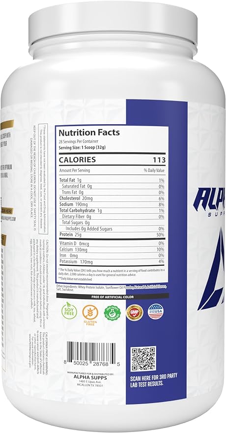 Alpha Supps ISO, Low Carb 100% Whey Protein Isolate Powder, 25 Grams Per Serving, Helps Support Muscle Growth, Low Sugar and Gluten Free (Vanilla Ice Cream, 2 lb)