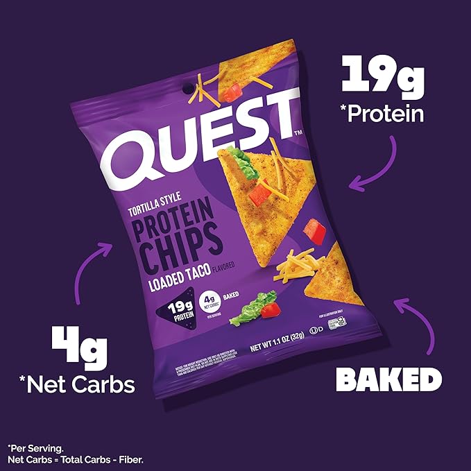 Quest Nutrition Loaded Taco Tortilla Style Protein Chips, 19g Protein, 4g Net Carb, Low Carb, Gluten Free, 1.1 oz (Pack of 4)