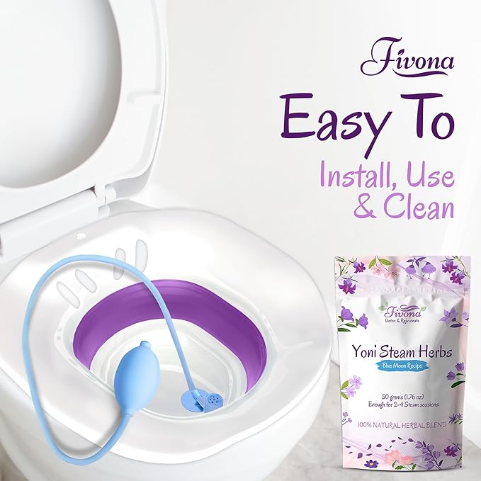 Fivona 3-in-1 Yoni Steam Kit - Bundle of V Steaming Herbs Blue Moon Recipe 1.76 Ounces (2-4 Steams) with Expandable V-Steam Seat and Hand Flusher for Detox, Cleansing, pH Balance and Odor Control