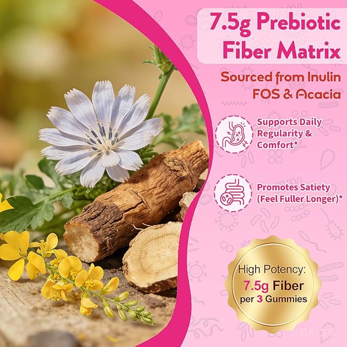 Fiber Gummies 7500mg, Probiotics & Digestive Enzymes, Sugar-Free, Vegan & Gluten-Free Supplement for Gut Health, Bloating Support & Regularity, High Potency Daily Adult (60 Count (Pack of 1))