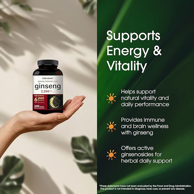 NatureBell Panax Korean Red Ginseng - 240 Softgels - 2,250mg High Strength Herbal Vitality Support* - Standardized 10% Ginsenosides from Six-Year-Old Ginseng Root - Energy & Immune Support*