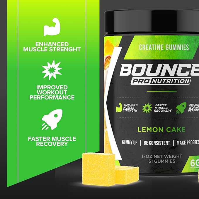 Bounce Pro Creatine Monohydrate Gummies for Men & Women, Low Calorie, 6G of Creatine per Serving, Vegan, Anti-Melting, Gluten-Free, Non-GMO (51 Count (Pack of 1), Lemon Cake)