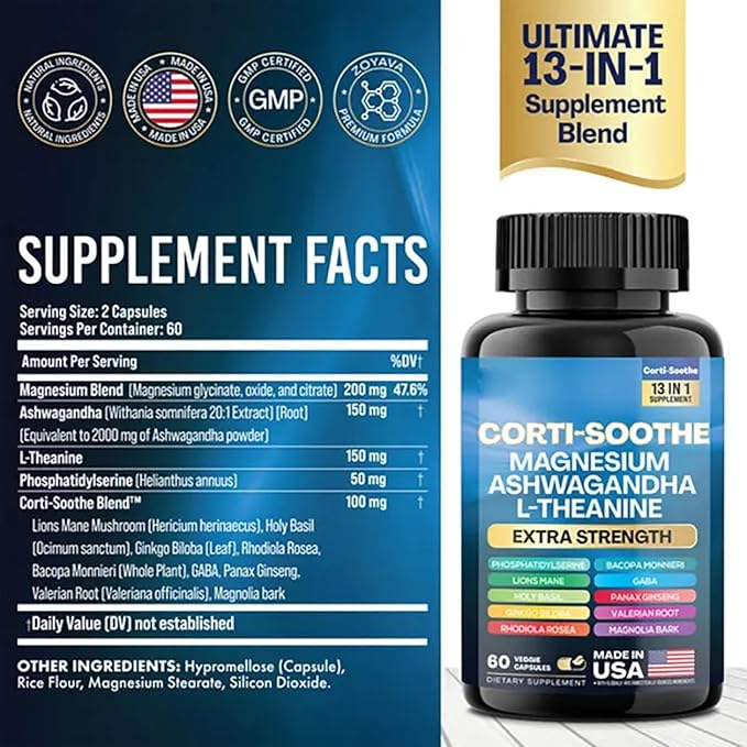 Zoyava Corti-Soothe Cortisol Supplement Magnesium Glycinate 200mg L-Theanine 150mg Ashwagandha 150mg Phosphatidylserine Cortisol Manager Lions Mane Ginkgo Biloba Bacopa Monnieri Valerian Root 60 Caps