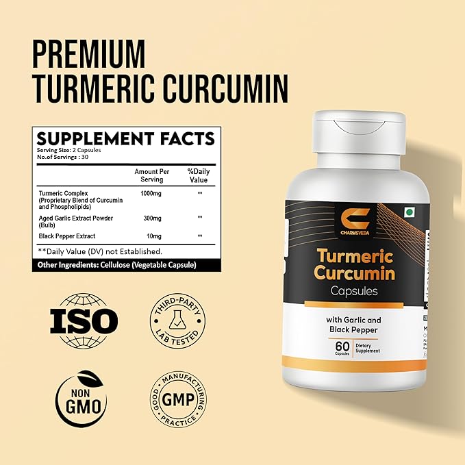 Turmeric Curcumin Capsules with Garlic & Black Pepper – Support Joint & Muscle Health* – 60 Vegan Capsules