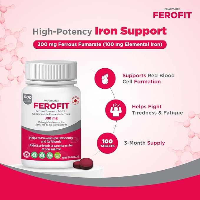 Ferofit - Ferrous Fumarate 300mg (100mg Elemental Iron), Prevents Anemia Due to Deficiency, Iron Supplement for Women & Men, 500 Tablets