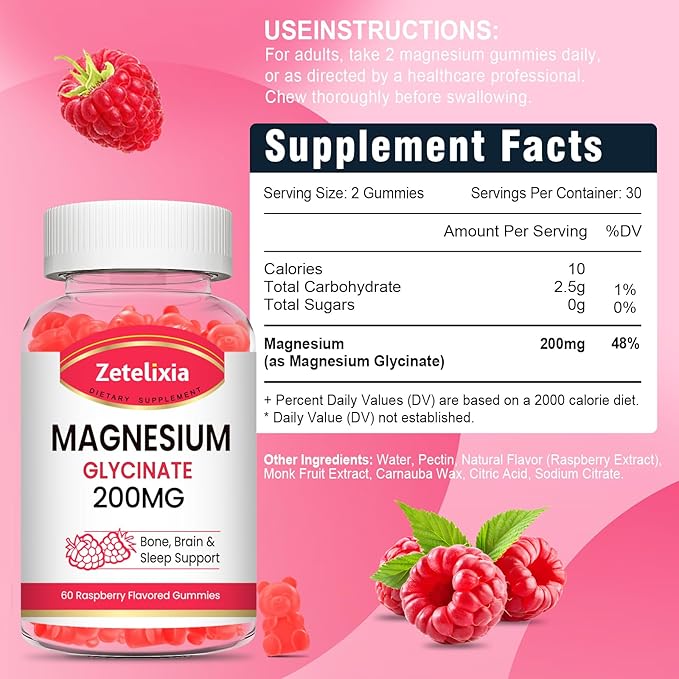 200MG Magnesium Glycinate Gummies, High Absorption Magnesium Glycinate Supplements for Relaxation, Raspberry Flavor 2 Pack, 120 Count