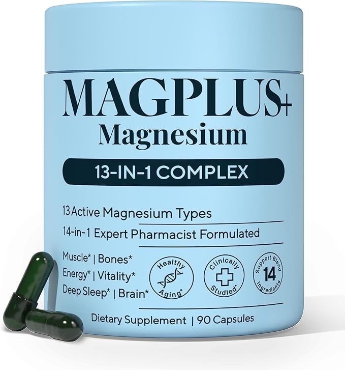 Magnesium Complex for Women & Men, 1000mg – MAGPLUS+ 13-in-1 Advanced Liposomal Ultra Formula – Glycinate, L-Threonate & Triple Magnesium Blend – Brain, Memory & Deep Sleep – 90 Capsules