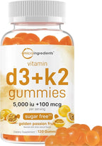 Micro Ingredients Vitamin D3 K2 Gummies, 120 Count | 5,000 IU Vitamin D + 100 mcg K2 MK-7 | Bone, Immune & Heart Health Supplements* | Sugar Free Golden Passion Fruit Flavor | Non-GMO, Gluten Free