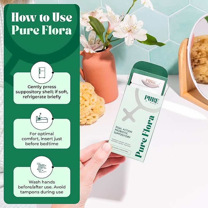 Pure Flora Vaginal Probiotic Suppository - 4 Strain Lactobacillus + Lactoferrin + USP Hyaluronic Acid - Promotes Healthy Vaginal Microbiome, Odor, BV, pH Balance, & Dryness Relief - Natural - 20 Count