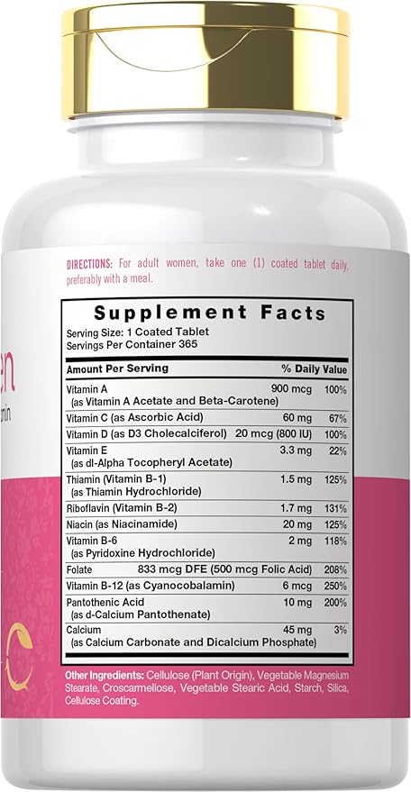 Carlyle Multivitamin and Multimineral for Women | 365 Tablets | Daily Supplement with Beta-Carotene, Folic Acid and Vitamin D | Non-GMO, Gluten Free Pills