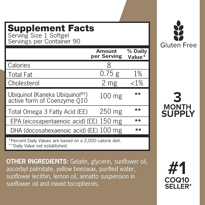 Qunol Plus Ubiquinol CoQ10 100mg with Omega 3 Fish Oil 250mg,Extra Strength Antioxidant Supplement,90 Count (Pack of 2)