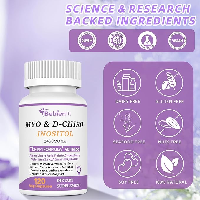 13-in-1 Myo Inositol & D-Chiro Inositol for Women,2460mg-40:1 Ratio Supplement Plus Alpha Lipoic Acid/Folate/Vitex/Magnesium,240 Vegan Capsules