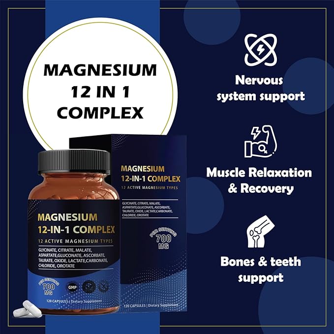 Puravita Magnesium Complex 700mg 12 in 1 Magnesium Supplement with Glycinate, Citrate, Malate & More | Easy Absorption, Energy Support, Vegan & Non-GMO | 120 Capsules (1pc)