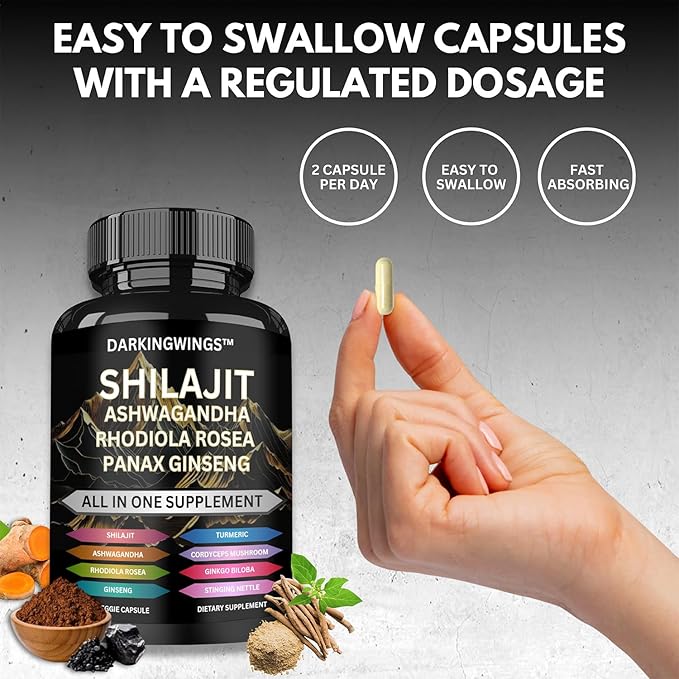 8-in-1 Shilajit 9000 Panax Ginseng 1500MG Ashwagandha 2000MG Rhodiola Rosea 1000MG, Turmeric 500MG, Gingko Biloba 500mg, Stinging Nettle 250MG, Cordyceps Mushroom 500 MG for Full Body Power