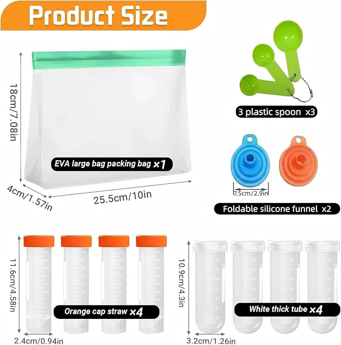 Protein Powder Travel Container Set,Reusable Powder Supplement Container To Go, 4x50ml & 4x100ml Tubes With Large Zip Bags, Portable Supplement Storage Containers with Funnel, Spoon，for Fitness, Work