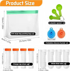 Protein Powder Travel Container Set,Reusable Powder Supplement Container To Go, 4x50ml & 4x100ml Tubes With Large Zip Bags, Portable Supplement Storage Containers with Funnel, Spoon，for Fitness, Work