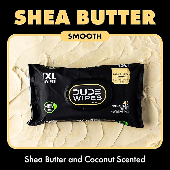 DUDE Wipes Shea BUTTer Flushable Wipes - Extra-Large Adult Wet Wipes - 3 Pack (144 Count) - Infused with Coconut Oil, Vitamin E, and Aloe - Septic and Sewer Safe