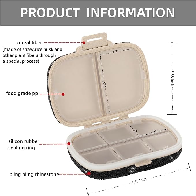 Medicine Pill Organizer Travel Pill Box for Purse Portable Pill Container Small Pill Holder Cute Pill Case Pocket Pharmacy with Labels(Black)