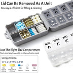 Foldable Weekly Pill Organizer 2 Times a Day with 2 Extra Compartments (Clear Printed Labels) - Portable 7 Day AM PM Medicine Box, Week Daily Travel Pill Case Holder for Vitamin, Supplement - Grey