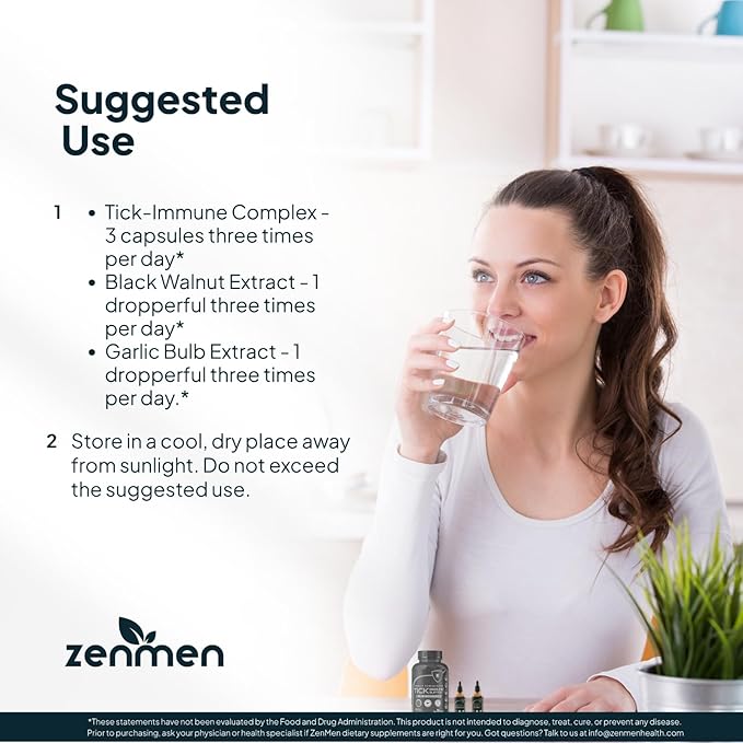 Zenmen Tick Defense Lite Method - Post Contact Protocol - 1 Tick Immune Support + 1 Garlic Tincture + 1 Green Black Walnut Tincture