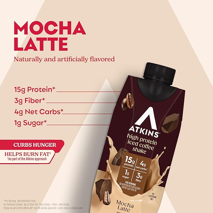 Atkins Mocha Latte Iced Coffee Flavored Protein Shake, High Protein, Low Glycemic, Low Carb and Low Sugar Shakes, Keto-Friendly, 12 Pack