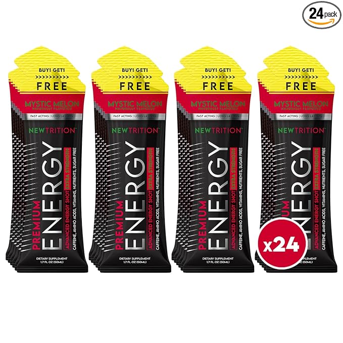 NewTrition® Extra Strength Energy Shots, 1.7 fl oz - 250mg Caffeine with Vitamin B & Amino Acids, Sugar-Free, Zero Calorie Vitamin Energy Drink for Focus & Endurance (Pack of 24, Mystic Melon)