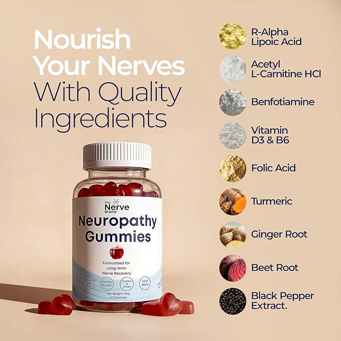 The Nerve Brand Neuropathy Support Gummies, 600 mg R Alpha Lipoic Acid Gummies with B1 B6 B12 and Lion’s Mane, Sugar Free Daily Nerve Health Supplement, 30 Day Supply