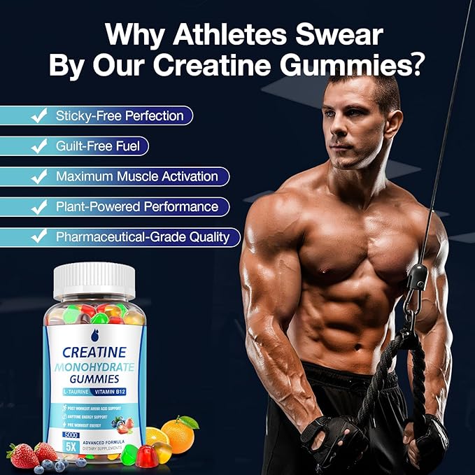 Creatine Gummies for Men & Women - Creatine Monohydrate Gummies 5g, Muscle Builder, Energy Boost & Pre-Workout Supplement, Low Sugar Taurine Chewable Gummy 2 Pack