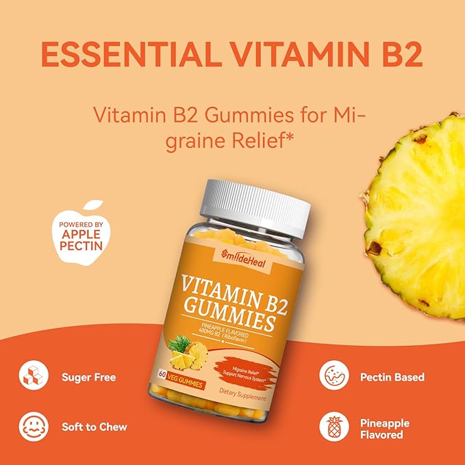 Vitamin B2 Gummies,Riboflavin 400mg Supplement with Magnesium for Adults,B2 Gummies for Migraine Relief* & Nervous System Support*,Vegan - 60 Counts