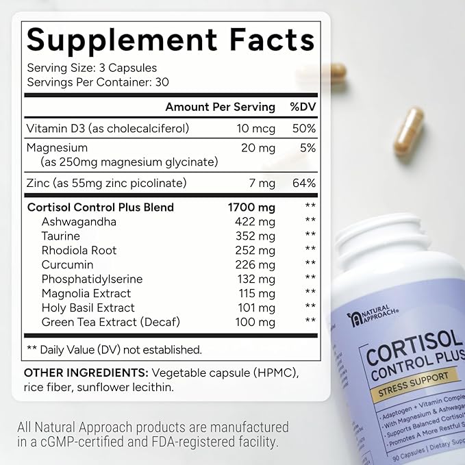 Cortisol Control Plus – Cortisol Supplement for Women & Men, Cortisol Manager for Stress Response Support, Calm Energy, Mood & Restful Sleep – High-Potency Adaptogen + Vitamin Blend – 90 Capsules