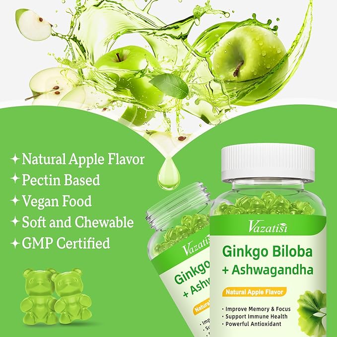2 Pack Ginkgo Biloba Gummies 240MG with Panax Ginseng for Better Mood and Focus, Booster Brain Health, 120 Vegan Apple Flavor Gummies