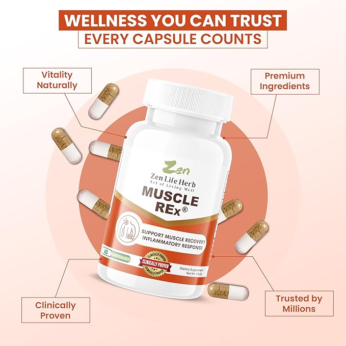 ZEN LIFE HERB Muscle REx - Joint, Muscle & Nerve Support - Relax Aches & Chronic Discomfort Plant-Based Supplement (60 Capsules)