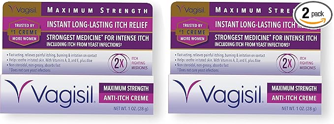 Vagisil Maximum Strength Feminine Anti-Itch Cream with Benzocaine for Women, Helps Relieve Yeast Infection Irritation, Gynecologist Tested, Fast-Acting, Soothes and Cools Skin, 1 oz (Pack of 2)