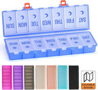 Foldable Pill Organizer 2 Times a Day w/Etched Labels -Dual Protection & Portable Weekly AM PM Pill Box, 7 Day Medicine Container, Large Travel Pill Case for Week Daily Supplement Vitamin -Clear Blue