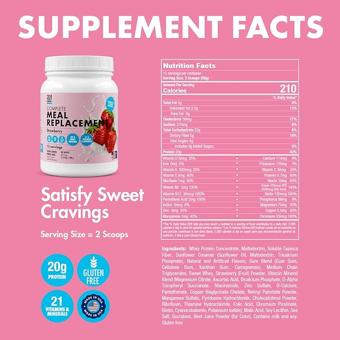 Yes You Can! Meal Replacement Shake - 20G Protein, 5G Fiber, 21 Vitamins & Minerals - Meal Replacement Protein Powder - Complete All-in-One Nutrition - 15 Servings (Strawberry)